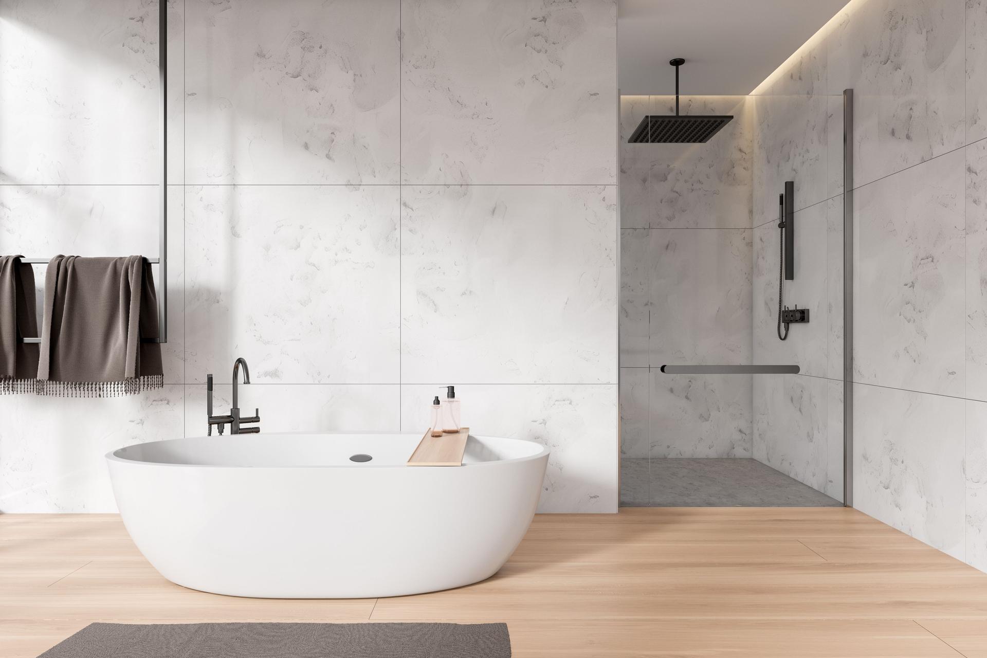 White marble bathroom with tub and shower