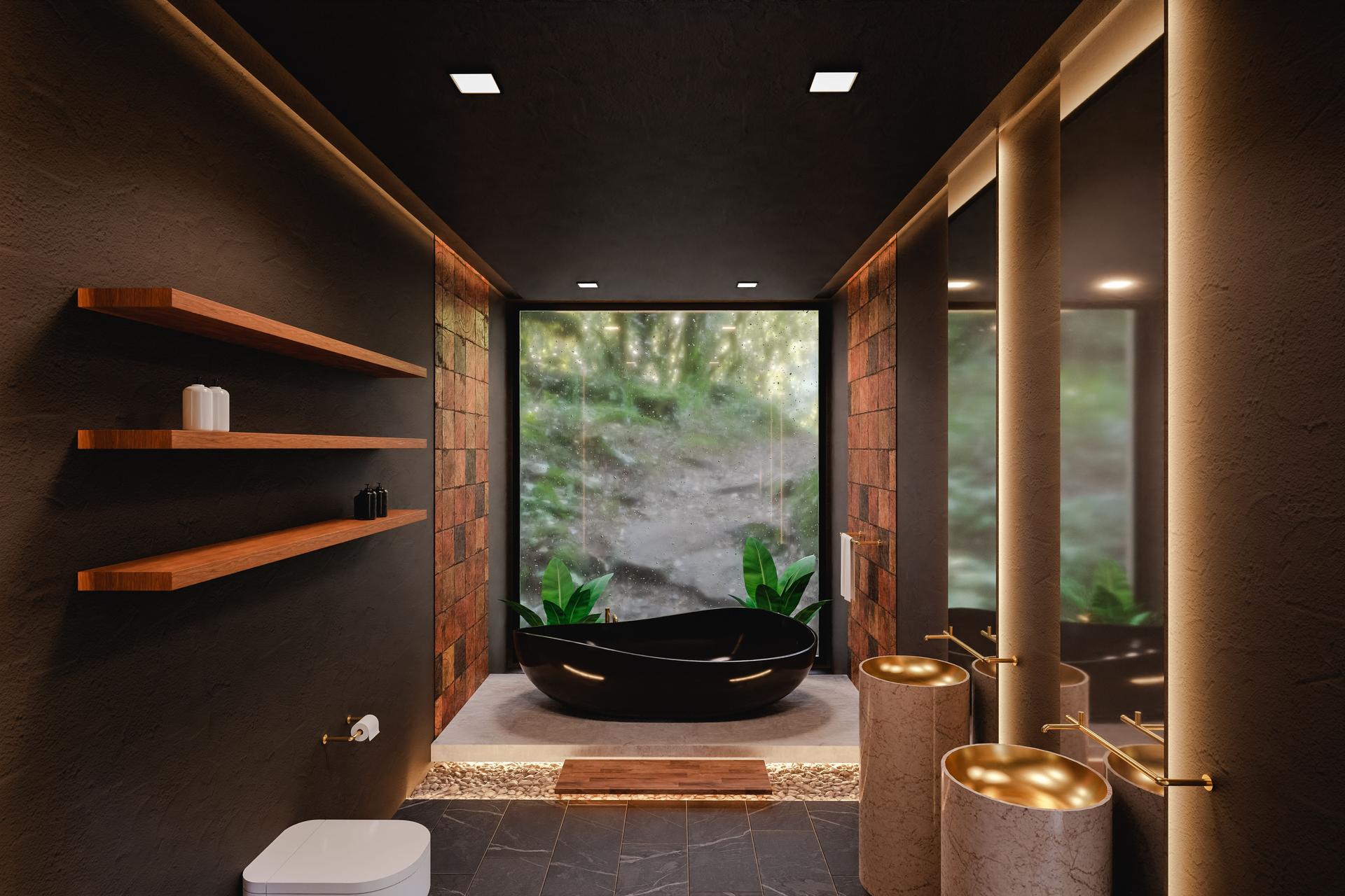 3d design of bathroom with tub near window