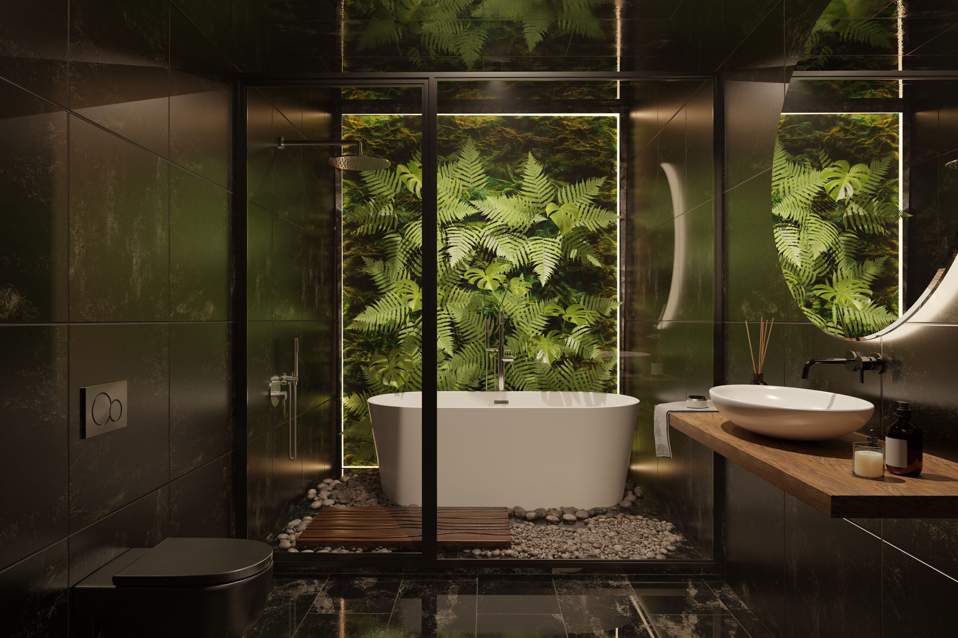 3D rendering of bathroom interior, black toilet, dark design, minimalism, modern classics combined with tropical plants, nature, leaves on the wall, eco style, trend