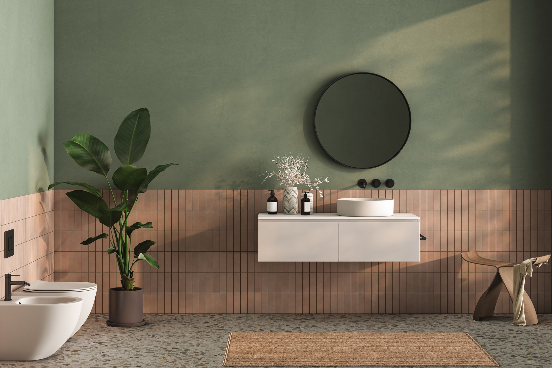 Modern minimalist bathroom interior, bathtub and bathroom cabinet, white sink, interior plants, bathroom accessories, terrazzo floor, green wall and tiles.3d rendering