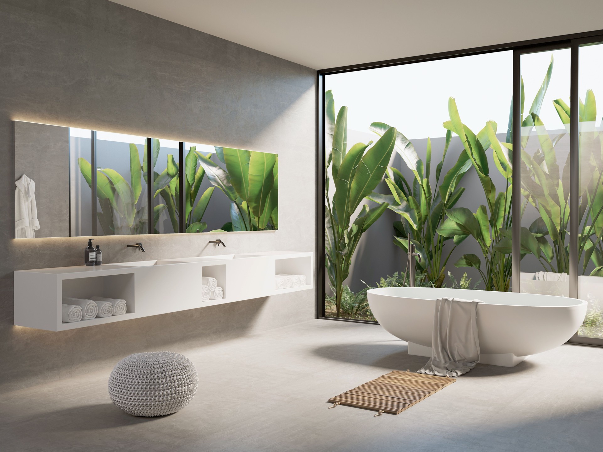 3d render of a modern concrete bathroom with a view to a garden