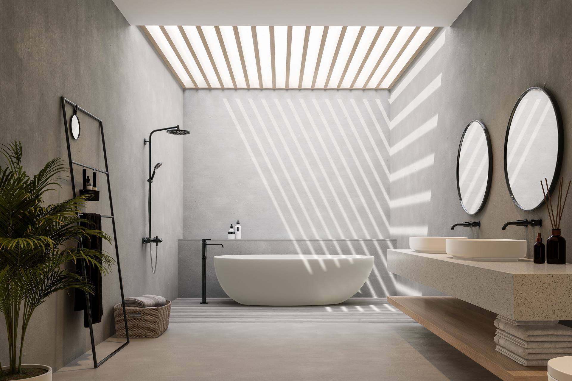Minimal style loft bathroom with natural light from a large skylight 3d render