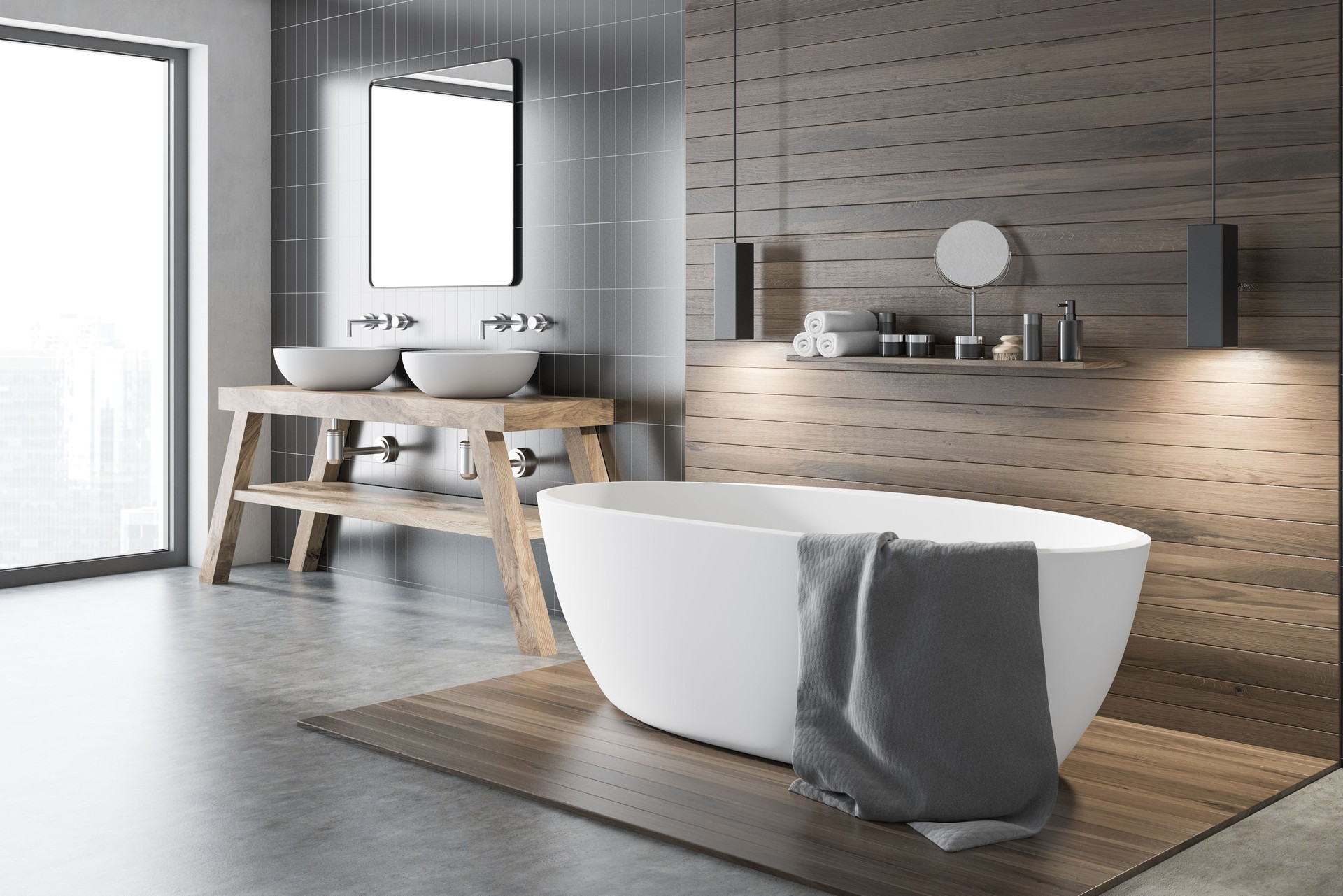 Black and wooden bathroom corner