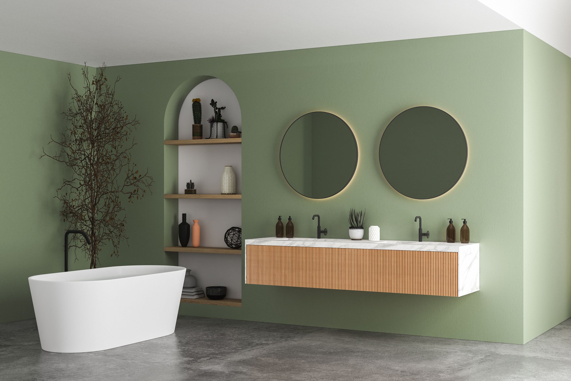 Modern bathroom interior with green and white walls