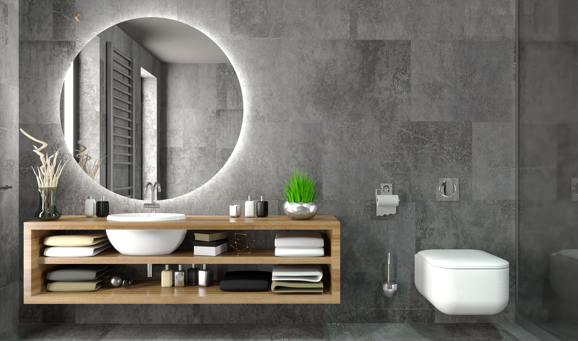 Modern bathroom interior in loft style chest of drawers