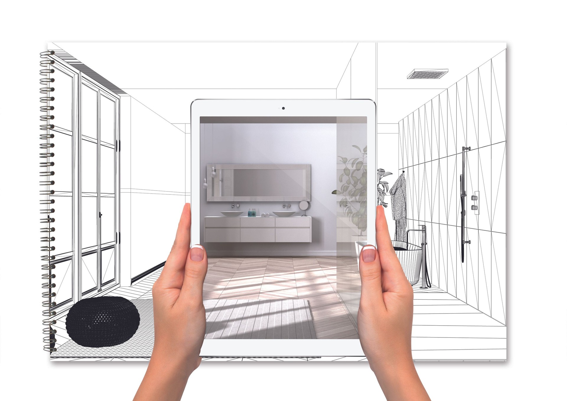 Hands holding tablet showing minimal luxury bathroom, total blank project background, augmented reality concept, application to simulate furniture and interior design products