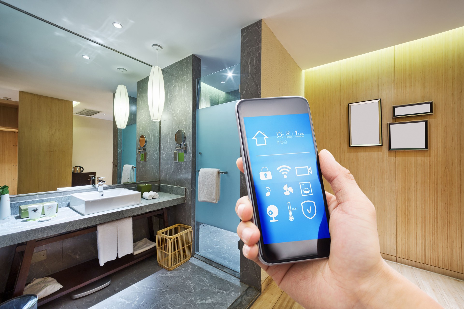smart phone with smart home with modern bathroom