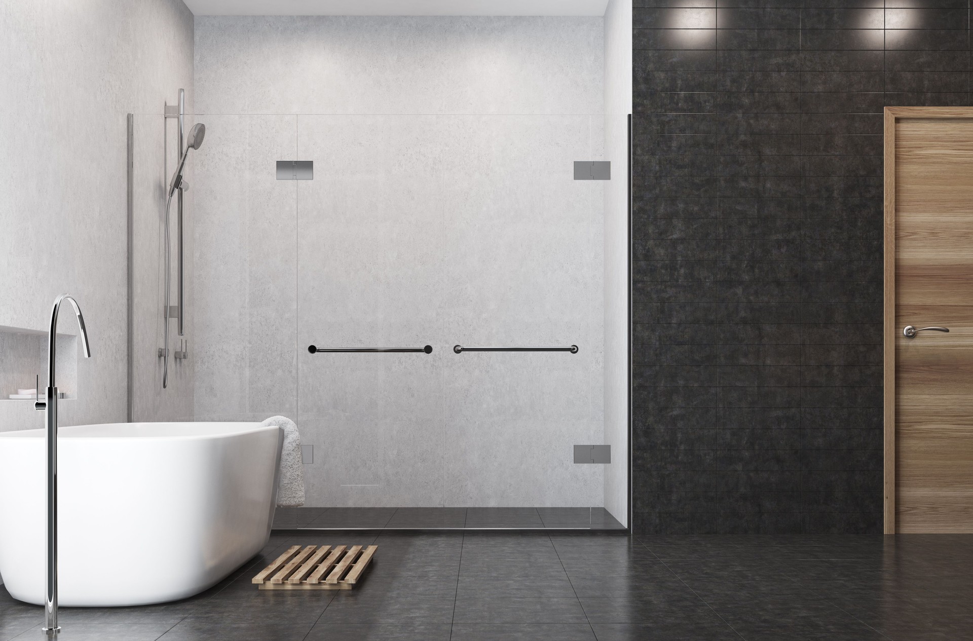 White bathroom, black tiles, shower side