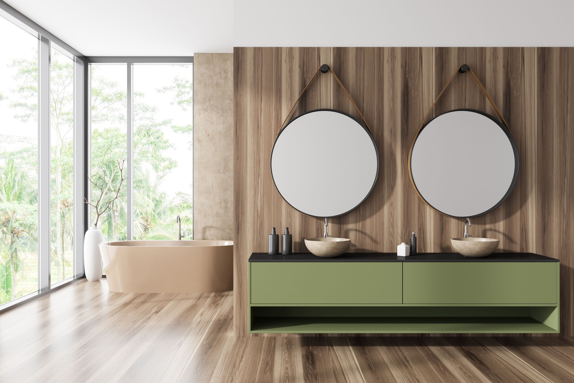 Stylish bathroom interior with double sink and tub near panoramic window