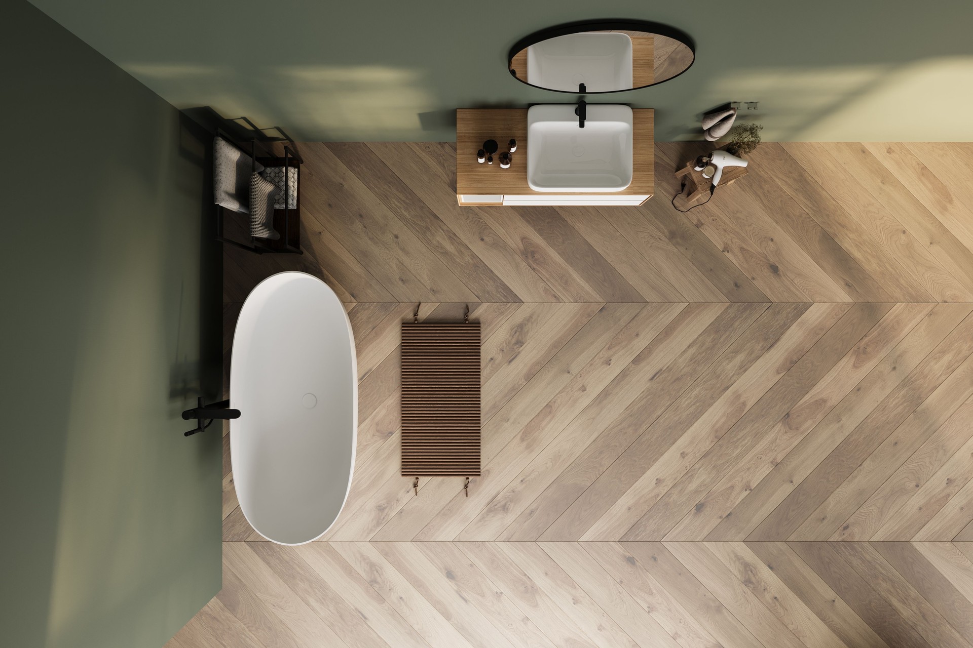 Top view of modern minimalist bathroom interior, bathtub and bathroom cabinet, white sink, interior plants, bathroom accessories, parquet floor, green wall.